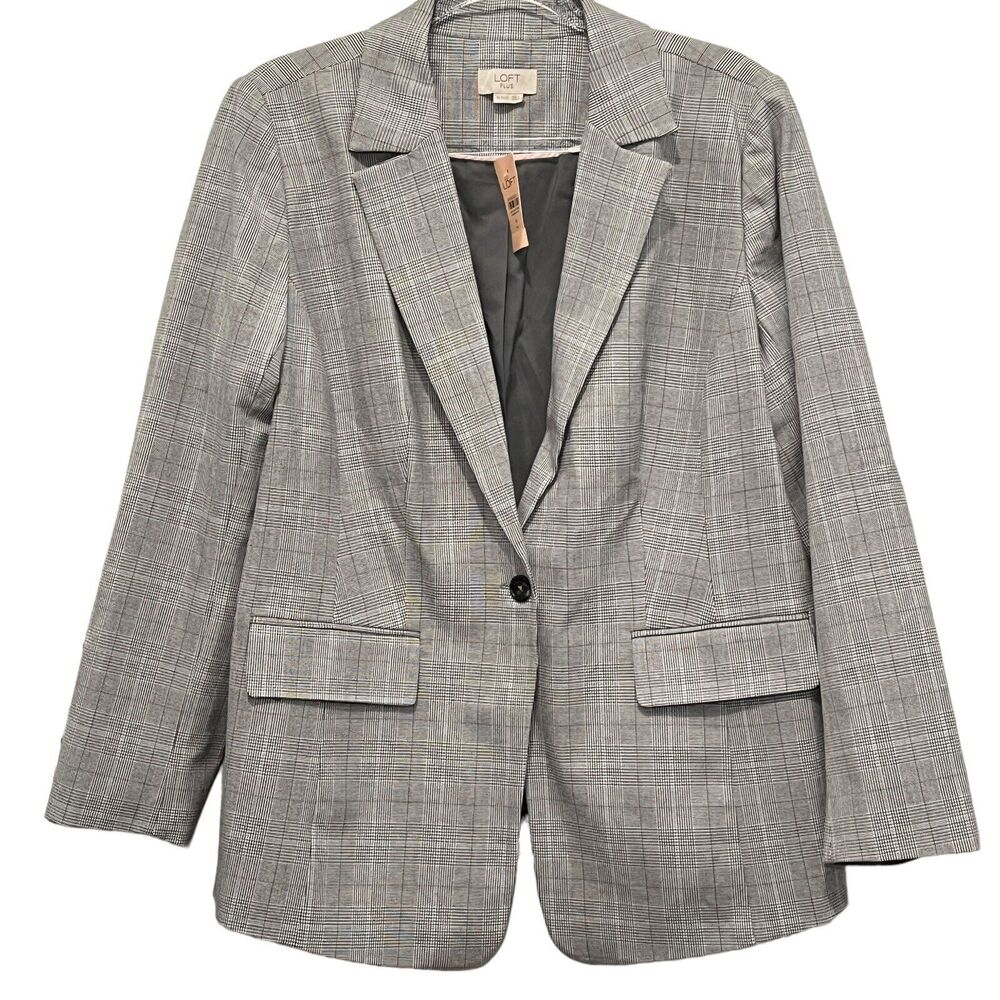 Loft Plus Blazer Womens Size 14 Gray Houndstooth Plaid Single Button New w Tags